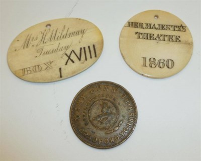 Lot 1251 - Two 19th Century Ivory Theatre Tickets/Tokens - Her Majesties Theatre 1846, Mrs H.Mildmay...