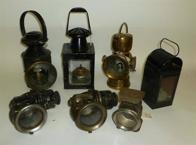 Lot 1265 - Seven Transport Lamps, including a Millers 'GPO' tinplate cycle lamp, a pair of Powell & Hamner...