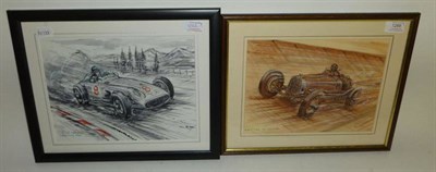 Lot 1266 - Phil May - 'Bugatti T59 at Montlhery' and 'Fangio with the Mercedes Nurburing 1954', original...