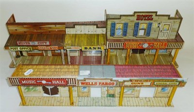 Lot 81 - A Marx Lithographed Tinplate Roy Rogers Wild West Town, in two pieces, buildings include Wells...