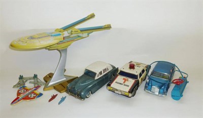 Lot 85 - Three Japanese Battery Operated Tinplate Cars - Rolls Royce Silver Cloud, Highway Patrol and...