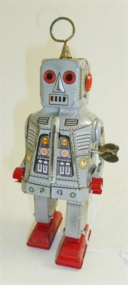 Lot 89 - Two Small Clockwork Tinplate Robots,  no makers names, one lithographed in silver and red, the...