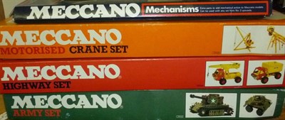 Lot 92 - Four Boxed Meccano Sets - Army Set, Highway Set, Motorised Crane Set and Mechanisms, together...