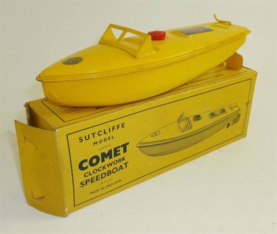 Lot 101 - Five Boxed Sutcliffe Clockwork Tinplate Model Boats - Hawk Speed Boat, Commodore Cruiser, Sea...