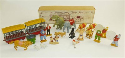 Lot 121 - A Boxed Charbens Hollowcast Lead Travelling Zoo Set, containing two animal cages with lions and...