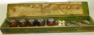 Lot 134 - A Gofkey Outdoor Golf Game by R.D & C, containing three hickory shafted golf clubs, five golf...