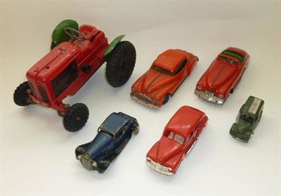 Lot 143 - Six Tri-ang Minic Vehicles, including three red plastic cars, red plastic tractor, Post Office...