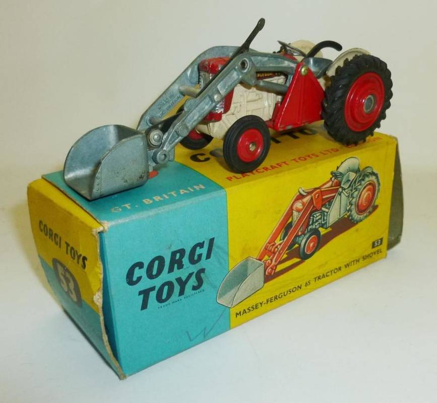 Lot 222 - A Boxed Corgi Massey Ferguson 65 Tractor with Shovel No.53, in red and fawn, with silver shovel