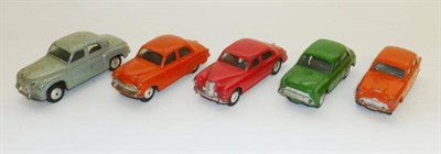 Lot 233 - Five Corgi Saloon Cars - Vauxhall Velox in orange, Austin Cambridge in orange, Rover 90 in...