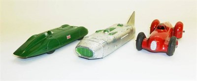 Lot 235 - Three Dinky Land Speed Record Cars - Auto Union in red, MG Record Car in green and Thunderbolt...