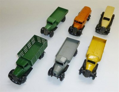 Lot 236 - Five Post War Dinky 25 Series Commercial Vehicles - Ambulance, Petrol Tanker in orange, two...