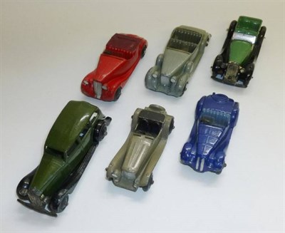 Lot 237 - Six Early Dinky Cars, including Jaguar in grey, Frazer Nash in blue,  Sunbeam Talbot in red,...