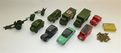 Lot 247 - Ten Unboxed Dinky Vehicles, including military, two-tone Humber Hawk, Royal Mail van etc; A...