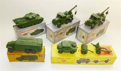 Lot 250 - Five Boxed Dinky Military Vehicles - 25-Pounder Field Gun Set No.697,2 x Recovery Tractor...