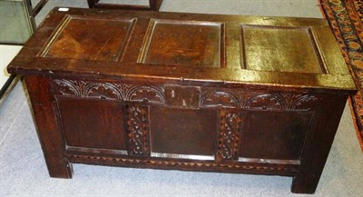 Lot 1398 - A 17th Century Joined Oak Box, circa 1690, the hinged lid with three fielded panels above a lunette