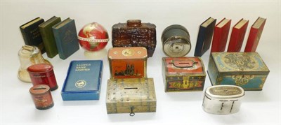 Lot 292 - A Collection of Vintage Money Banks/Boxes, including bank issue savings banks, glass Liberty...