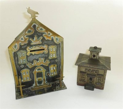 Lot 293 - Two Money Boxes in the Form of Banks, one in cast iron, the other in brass and tin