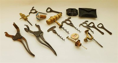 Lot 298 - Eight Corkscrews, including two Lunds Patent, a bone handled brass corkscrew, stylized cat...