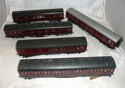 Lot 43 - Six LMS Bogie Coaches, including three Exley, all in LMS maroon livery with four wheel bogies,...