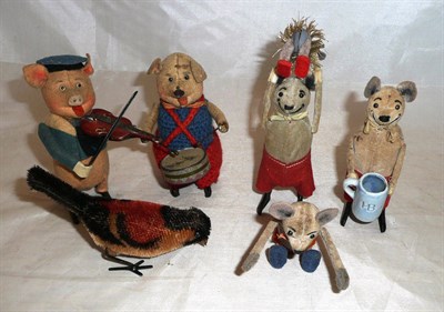 Lot 90 - Five Schuco Felt Covered Clockwork Animals - Drumming Pig, Pig Violinist, two Tumbling Mice and...