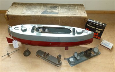 Lot 93 - A Boxed Sutcliffe Spirit Fired Tinplate Model Warship, with grey deck and superstructure, red lower