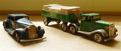 Lot 98 - Two Tri-ang Minic Clockwork Tinplate Vehicles:- Articulated  Open Back Lorry, in green with...