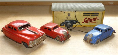 Lot 104 - Four Tinplate Toys - Schuco Automatic Garage, two Lehmann Gnom No.807 cars and another unnamed car