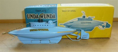 Lot 107 - A Boxed Sutcliffe Clockwork Tinplate Unda-Wunda Diving Submarine, in light blue, with gilt...