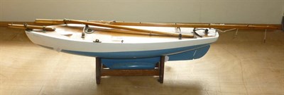 Lot 120 - A Small Wooden Pond Yacht 'Rose II', with blue and white painted hull, lead keel, adjustable...