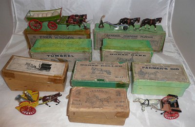 Lot 127 - Six Boxed Britains Lead Home Farm Series Horse Drawn Vehicles - General Purpose Plough No.6F,...