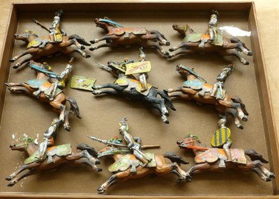 Lot 132 - Nine Large German Lead Medieval Knights on Horseback, made in three pieces - horse, saddle and...