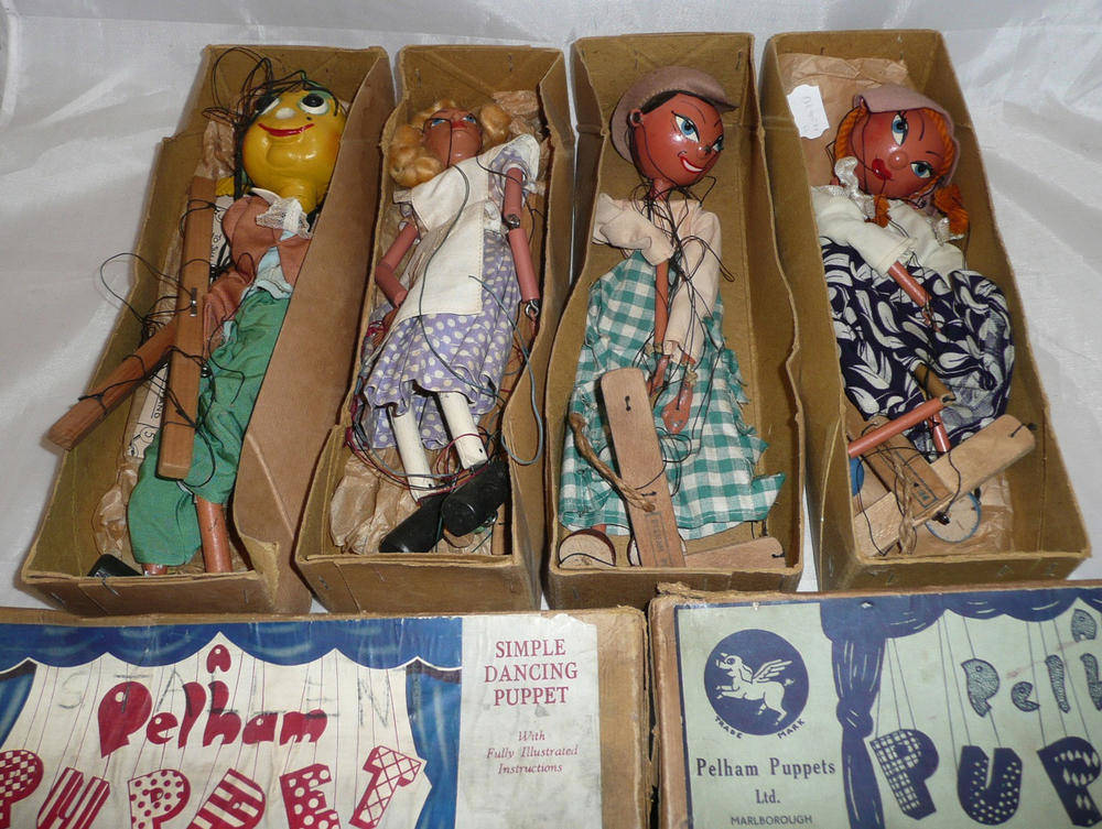 Lot 171 - Four Early Boxed Pelham Puppets - Alice in Wonderland, Televisions Mr Turnip (a/f), Little...