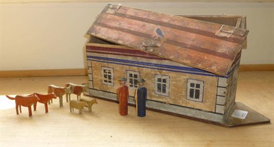 Lot 187 - A Small Wooden Flat Bottomed Noah's Ark, with painted decoration, length 40cm, containing a...