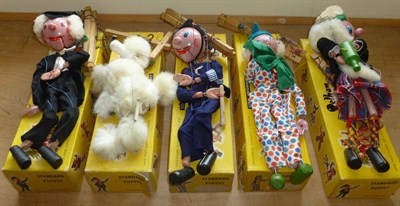 Lot 198 - Ten Boxed Pelham Puppets, comprising Minstrel, Mitzi, Clown, Cat, Old Lady, McBoozle, School...