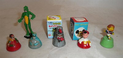 Lot 200 - Five Marx Rolykins Miniature Figures - boxed Pinocchio, Dalek in repro box, Batman, Robin and World