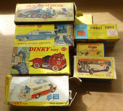 Lot 208 - Seven Boxed Playworn Diecast Vehicles, comprising Dinky - Superior Criterion Ambulance No.277,...