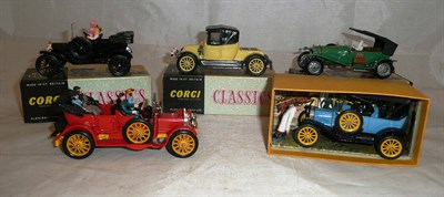 Lot 241 - Five Early Boxed Corgi Classics Cars - Bentley No.9001, Renault No.9032, Ford No.9011, Daimler...