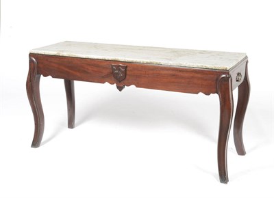 Lot 1426 - A Mahogany Console Table, the grey and white rectangular marble top over a shaped frieze centred by