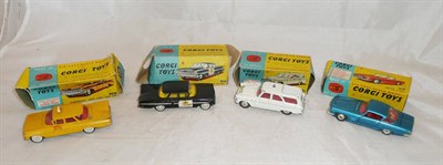 Lot 249 - Four Boxed Corgi Cars:- Chevrolet New York Taxi Cab No.221, in orange with red interior;...