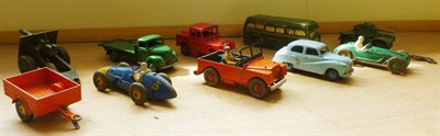 Lot 260 - Seven Dinky Vehicles, including Cooper-Bristol and Ferrari racing cars, Land Rover and trailer,...