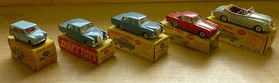Lot 276 - Five Boxed Dinky Cars:- Bentley Coupe No.194, with grey body, red interior, tan hood; Alfa...