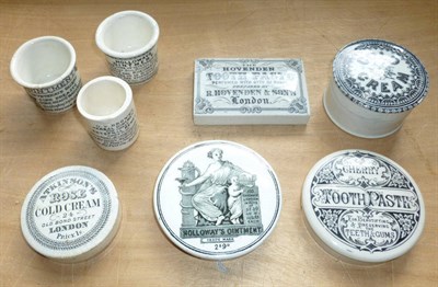 Lot 285 - Five Black & White Transfer Printed Pot Lids - Hovenden Tooth Paste (rectangular), Cherry Tooth...