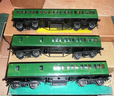 Lot 12 - Three Exley 'O' Gauge Southern Railway Bogie Coaches, constructed of wood and metal, all in...