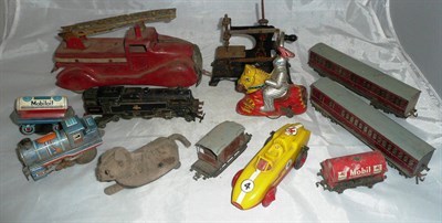 Lot 27 - Playworn Toys, including a Hornby Dublo 3-Rail Standard Tank Locomotive No.80054 with rolling stock