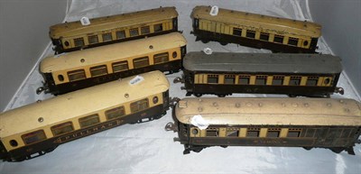 Lot 45 - Six Hornby 'O' Gauge Pullman Coaches, in cream and brown livery, comprising 'Verona',...