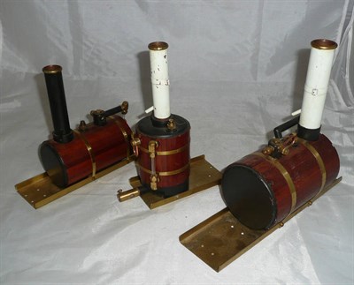 Lot 58 - Three Small Wooden Cladded Copper Boilers by Cheddar Models, comprising two horizontal and one...