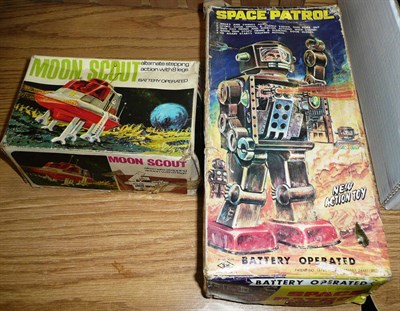 Lot 64 - Two Boxed Battery Operated Space Toys:- Japanese Space Patrol Robot by SH, in brown tinplate...