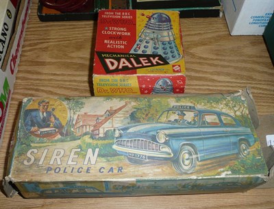 Lot 67 - A Boxed Codeg Tinplate & Plastic Dr Who Mechanical Dalek, in blue, silver and gold (missing eye and