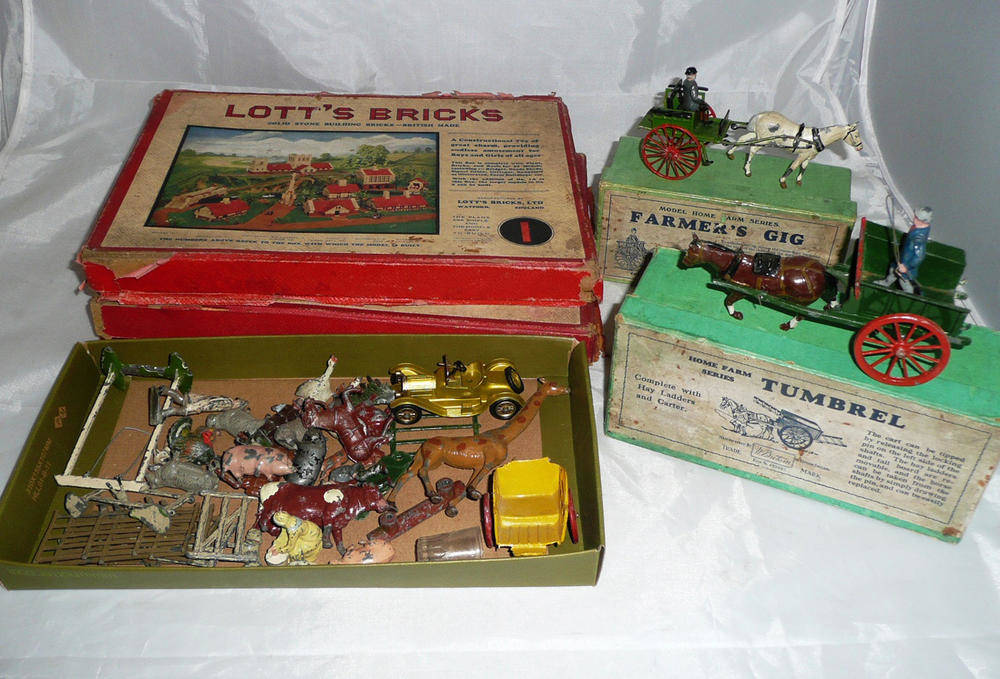 Lot 90 - Two Boxed Britains 'Home Farm Series' Lead Horse Drawn Vehicles - Farmers Gig No.20F and...