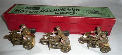 Lot 93 - A Boxed Britains Lead Motor Machine Gun Corps Set No.199, containing three motorcycle sidecars with